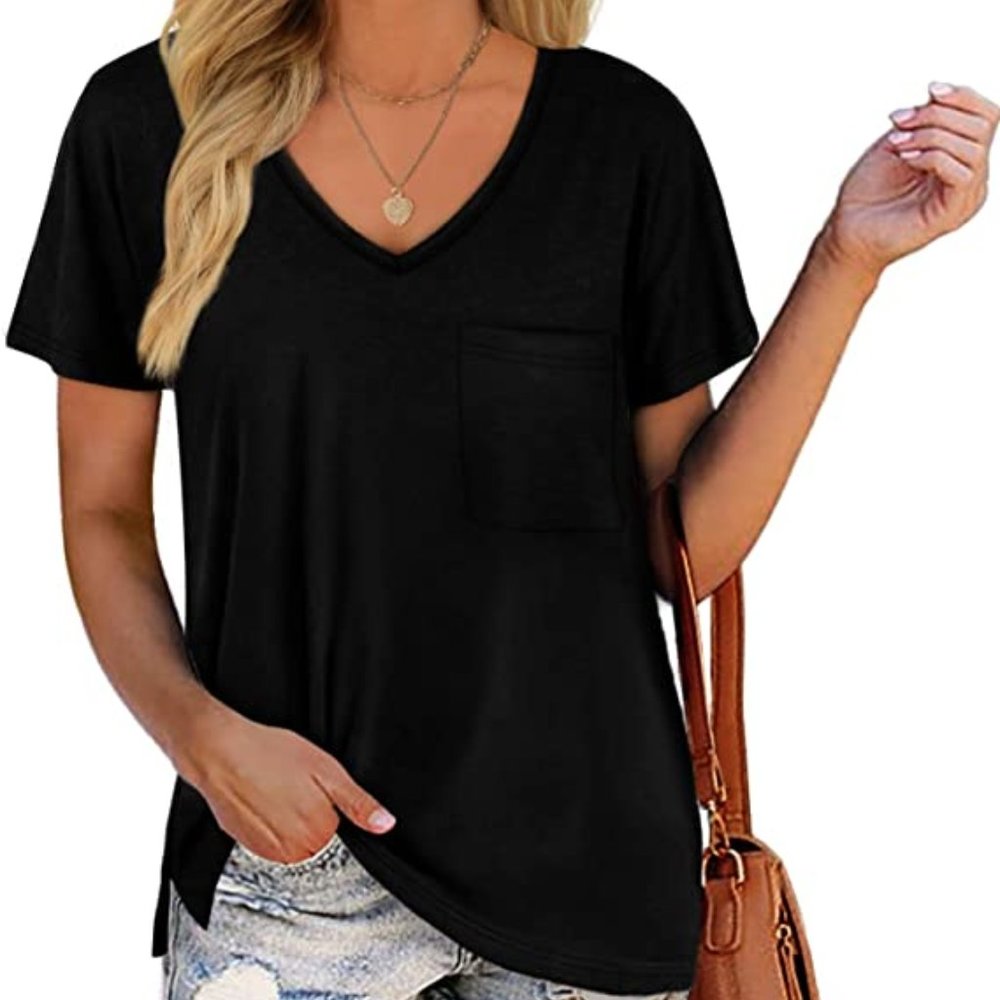 WOMEN'S V-NECK SHORT SLEEVE SHIRT BLACK TEE TOP